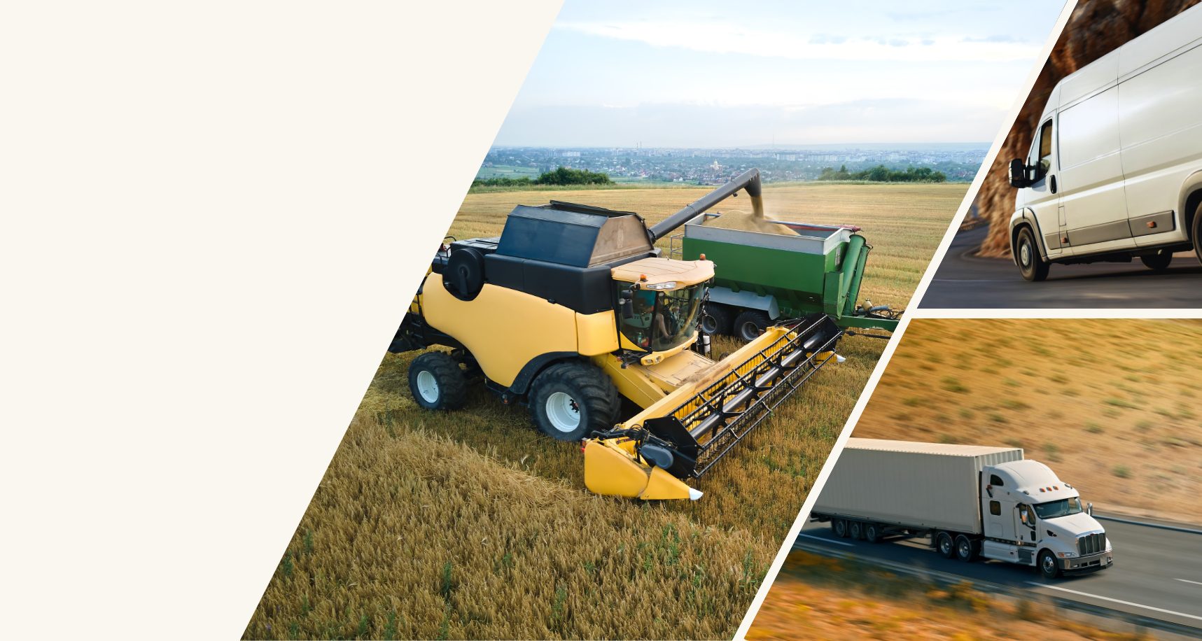 Colaj cu combină agricolă, autoutilitară și camion pentru achiziții internaționale prin credit extern