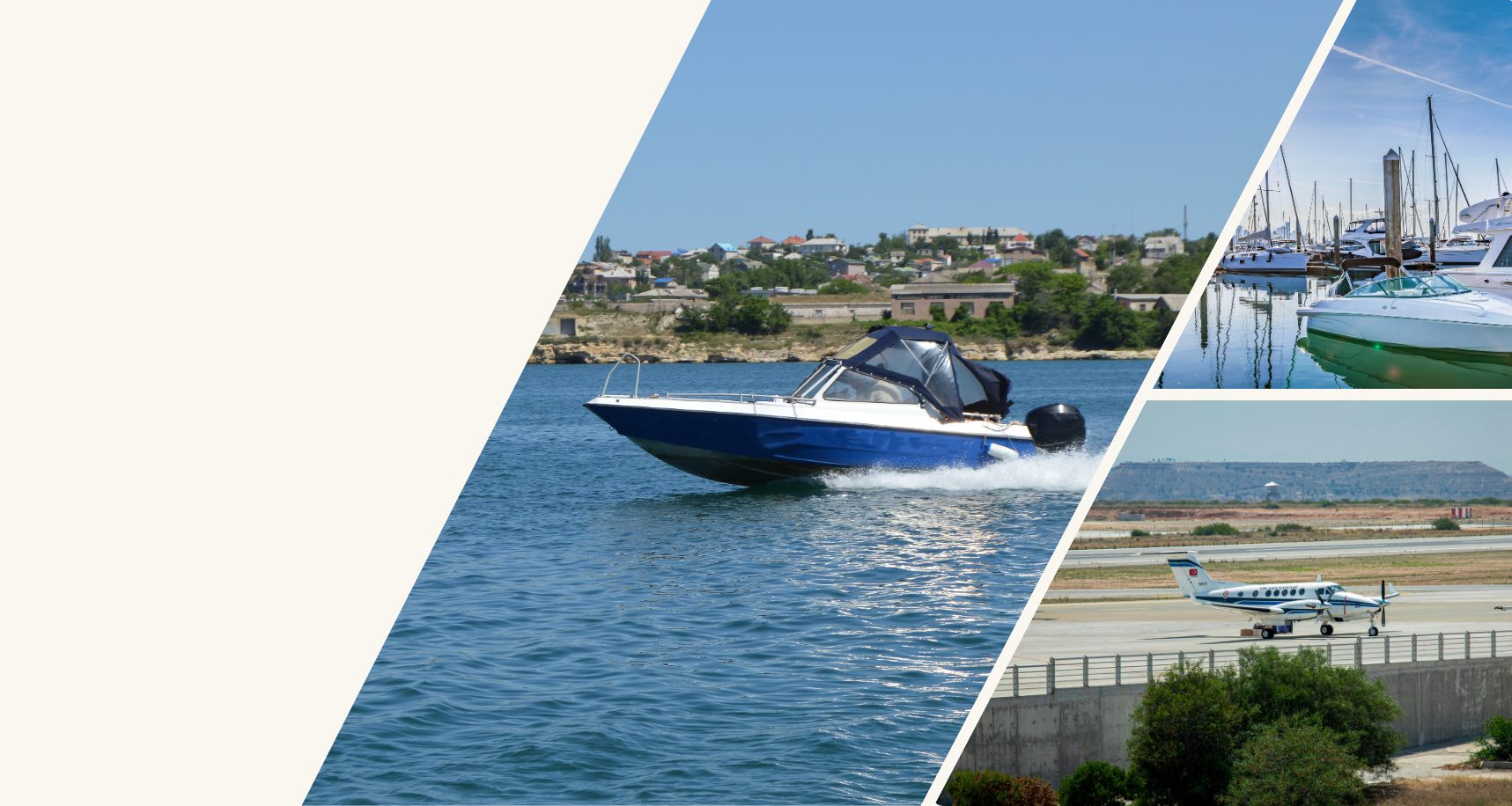 Colaj cu ambarcațiune de agrement, iahturi în marină și avion privat pentru proiecte de leasing aeronautic și naval