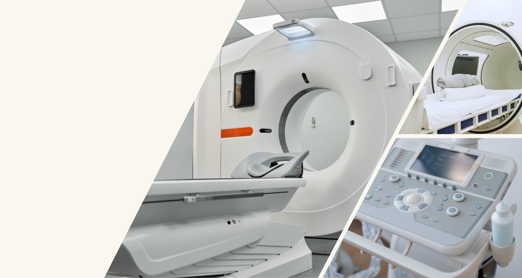 Colaj cu echipamente medicale: aparat RMN, aparat CT, ecograf și aparatură pentru imagistică medicală