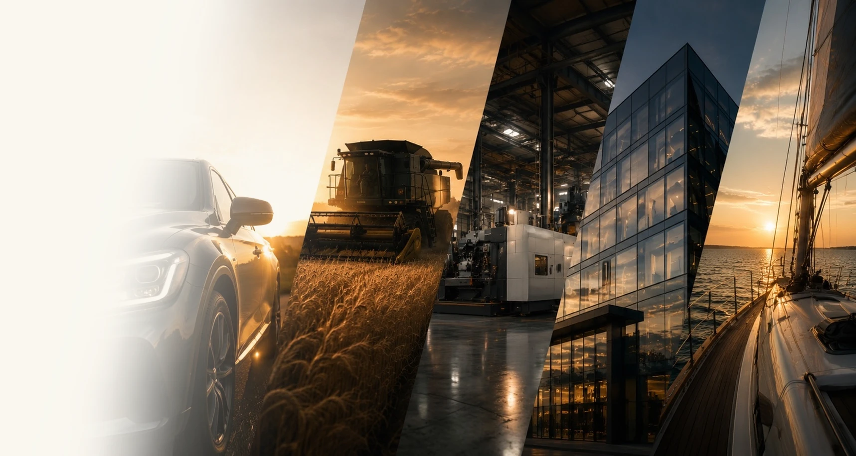 Colaj cu autoturism, utilaj agricol, echipamente industriale, clădire de birouri și ambarcațiune, reprezentând soluțiile de finanțare oferite de Anbia Capital.